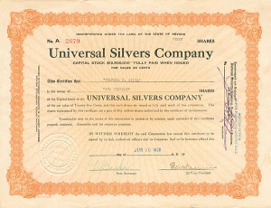 Universal Silvers Co. - Stock Certificate